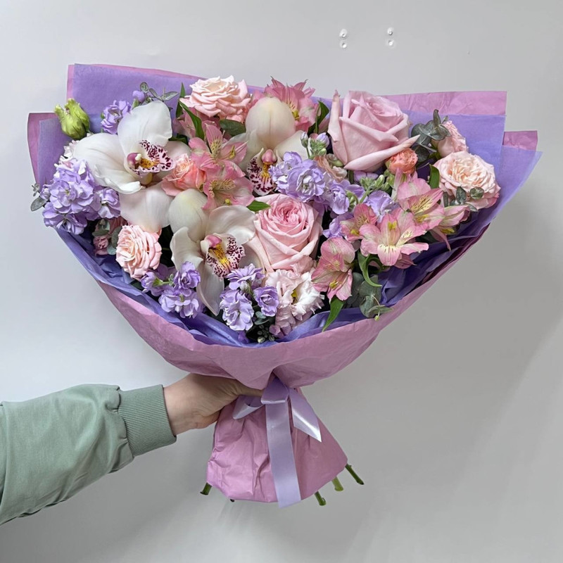 Bouquet of orchids, peony roses and matthiola, standart