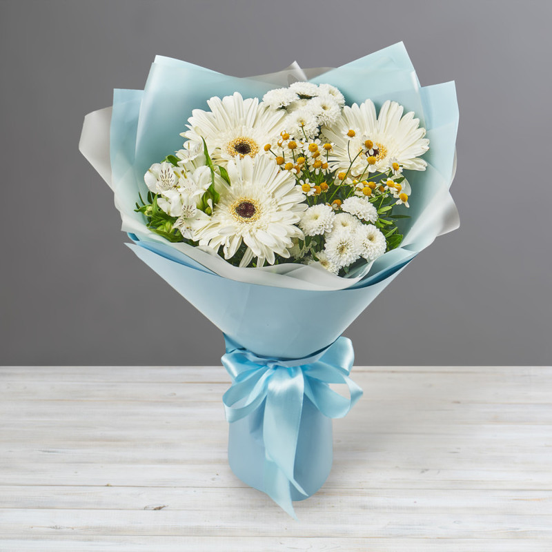 Bouquet of white gerberas, chrysanthemums and tanacetum, standart