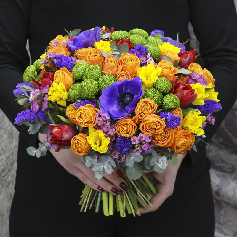 Bouquet of spray roses, anemones, tulips and daffodils "Sunrise", standart