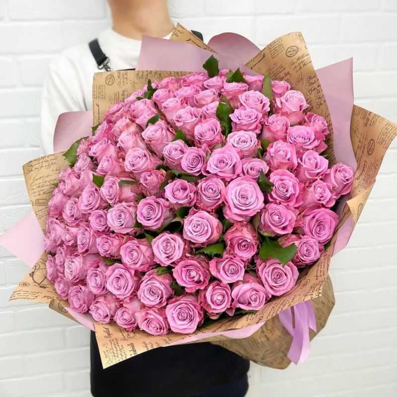 Bouquet of 101 lilac roses in designer decoration 50 cm, standart