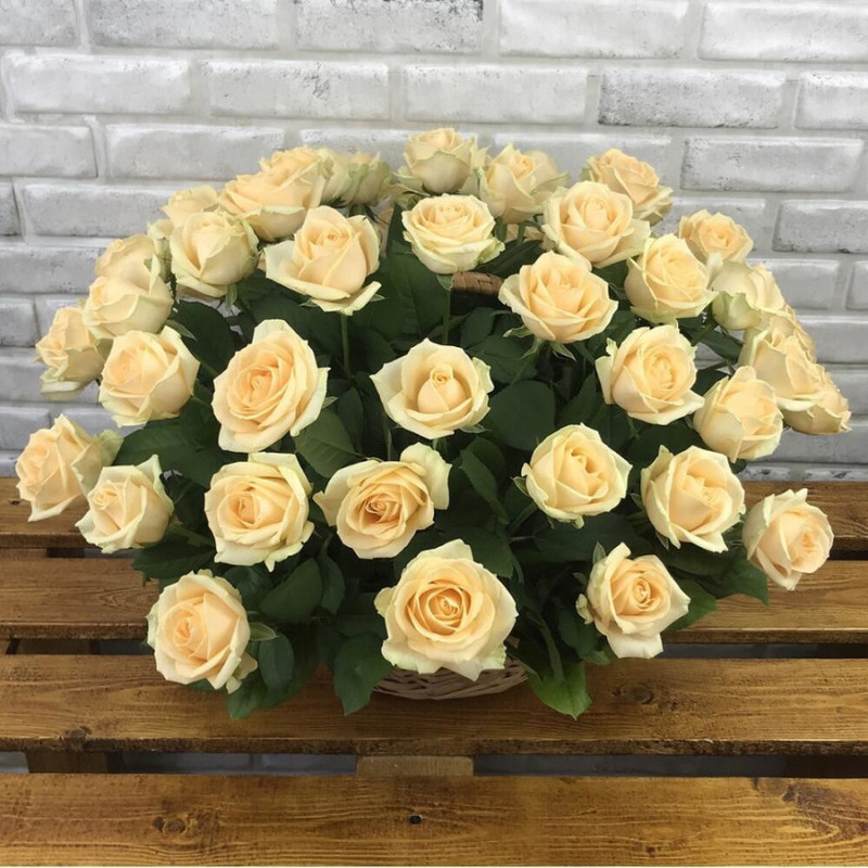 51 white cream roses in a basket, standart