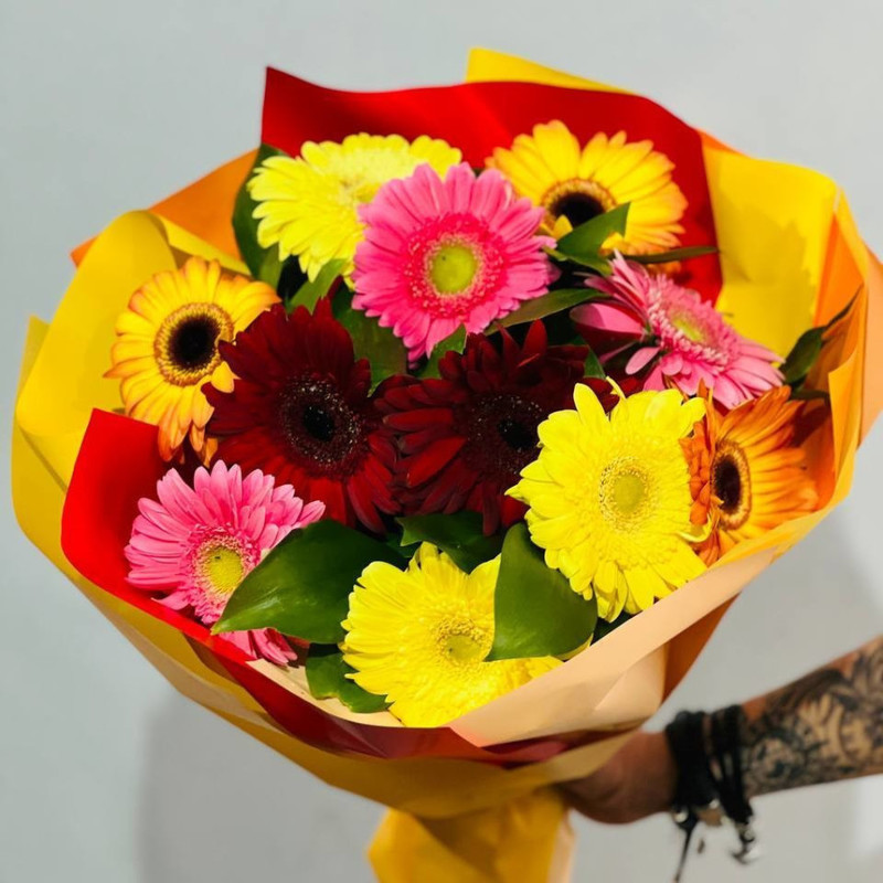 Bright bouquet of multi-colored gerberas, standart