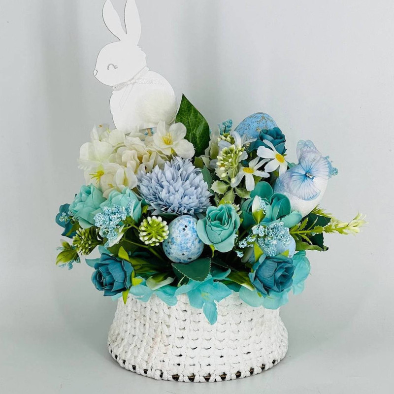 Easter bouquet of artificial flowers in a knitted flower pot, standart