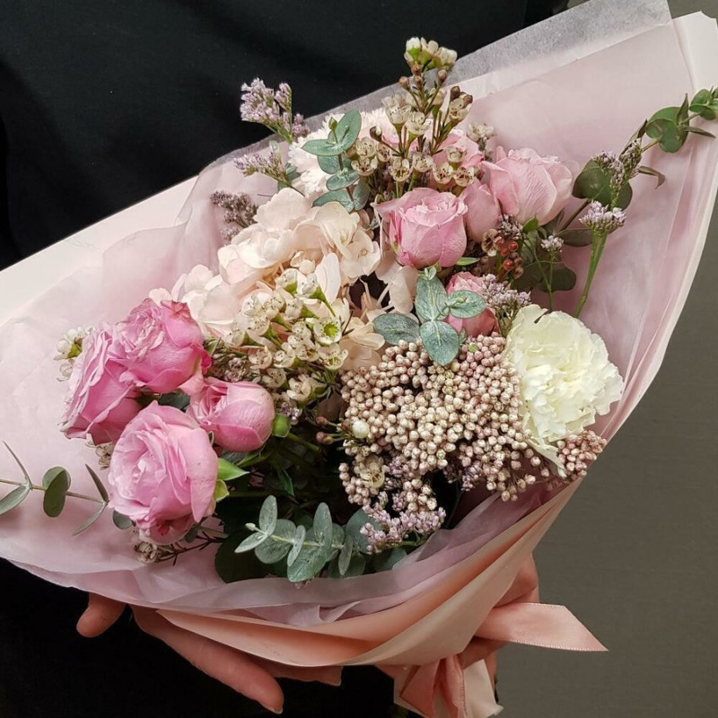 Beautiful designer bouquet with pastel hydrangea and pink peony rose, standart
