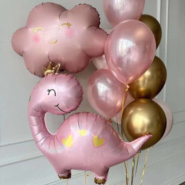 Delicate set of balloons with a pink dinosaur