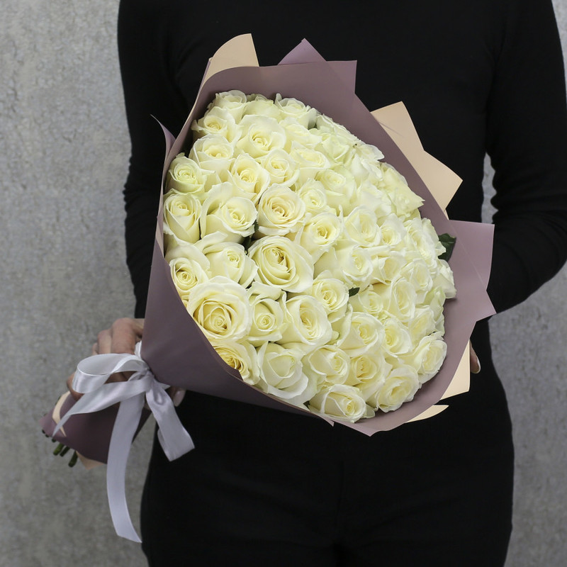 51 white roses "Avalanche" 40 cm in designer packaging, standart
