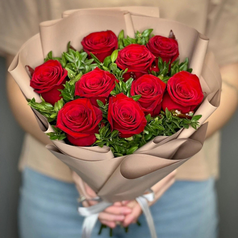 Bouquet of 9 red roses decorated with greenery 50 cm, standart