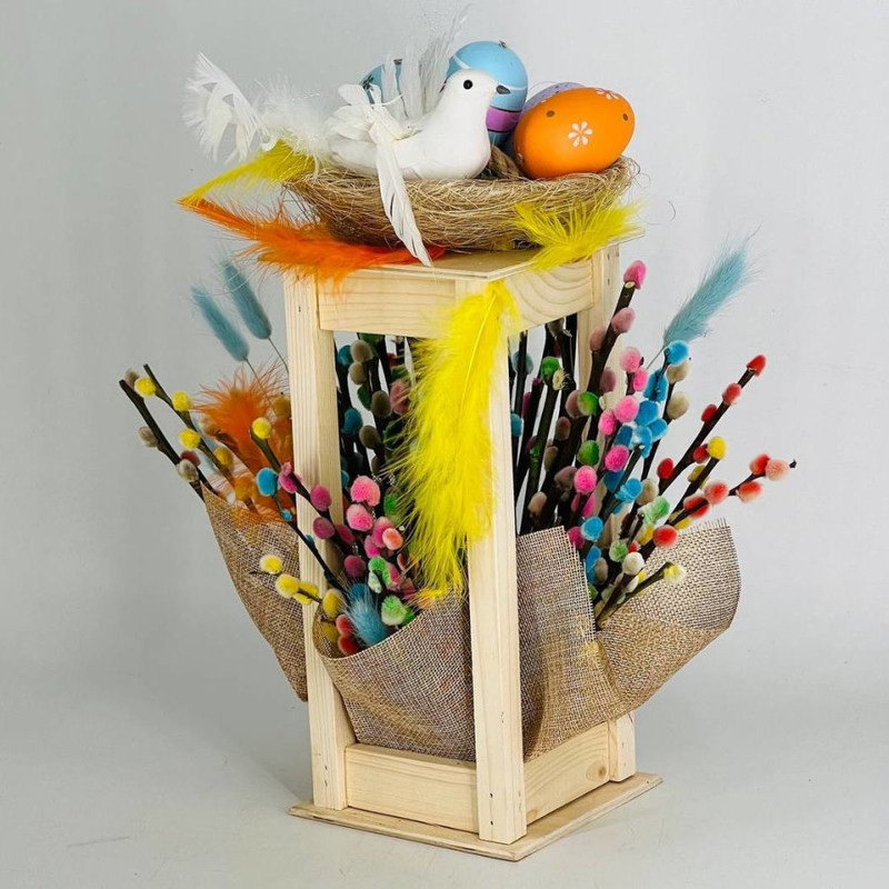 Easter composition with branches of painted willow, standart
