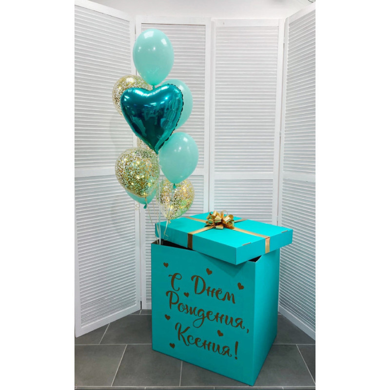 Surprise box with balloons "Tiffany and gold", standart