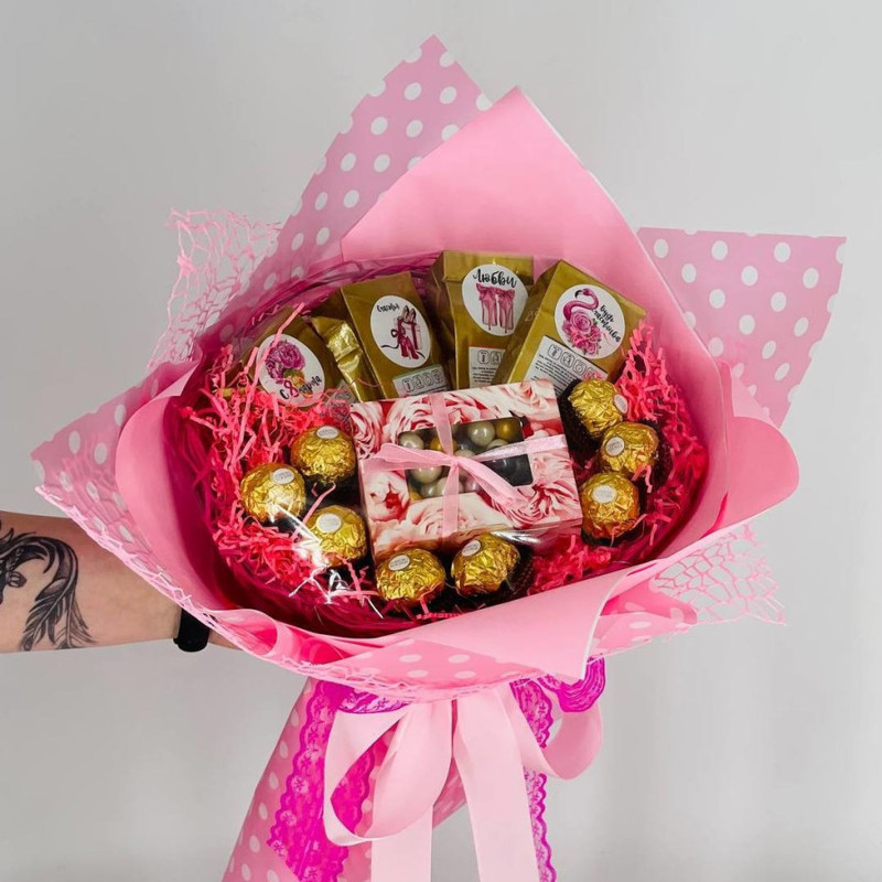Gift for March 8, a bouquet of tea and Ferrero Rocher sweets, standart