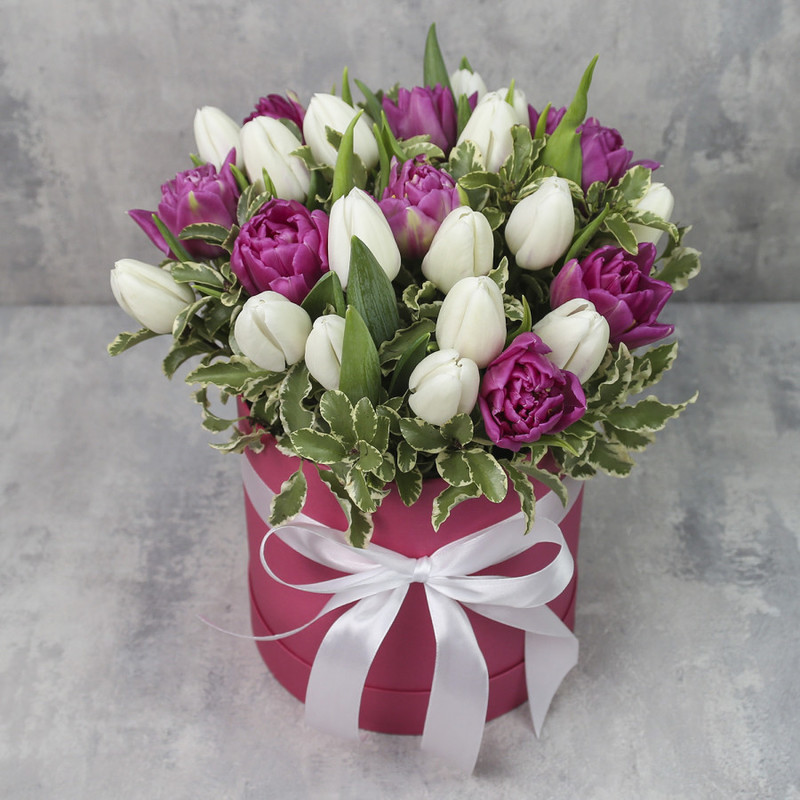 Коробка с тюльпанами «25 белых и малиновых пионовидных тюльпанов с зеленью», стандартный