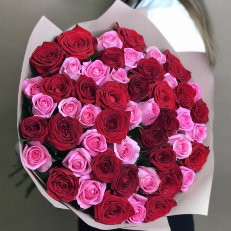 Stylish mix of 51 roses 60 cm in designer packaging, standart