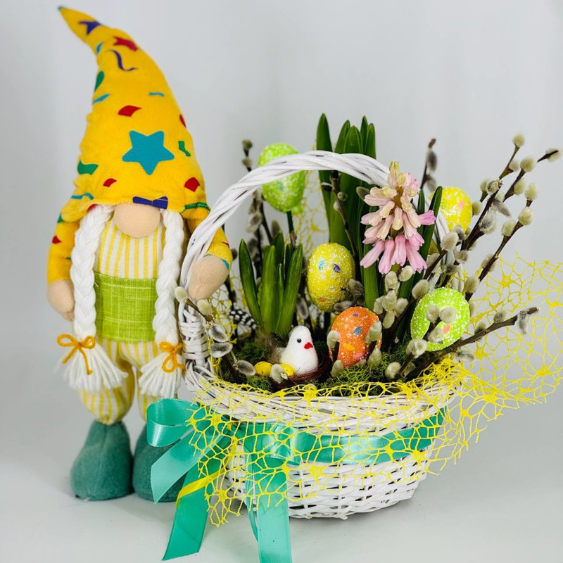 Spring basket of hyacinths with willow branches and interior gnome, standart