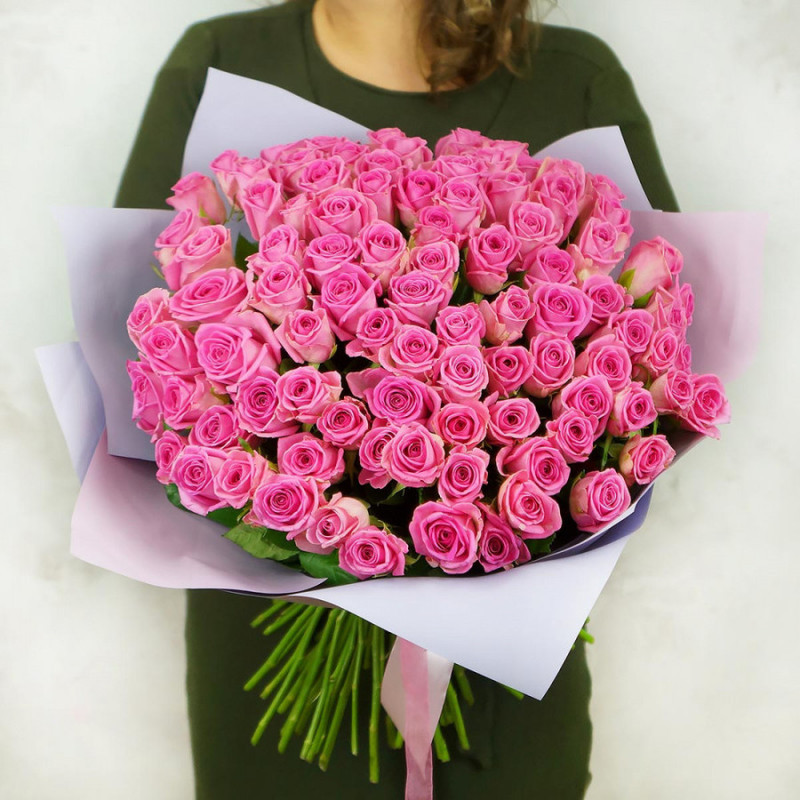 101 розовая роза в упаковке (50 см), стандартный