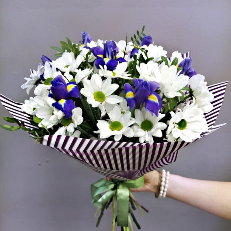 Bouquet "Sonata" with bush camomile chrysanthemum and irises, standart