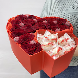 Arrangement of roses in a heart box