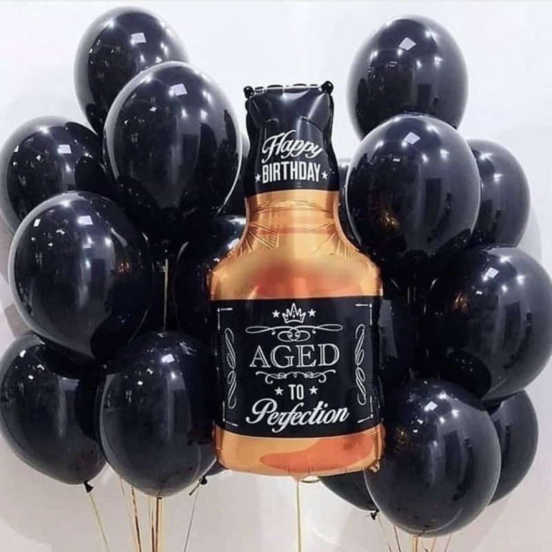 A set of black balloons with helium for a man with a figure in the form of a bottle of whiskey, standart
