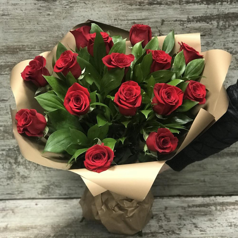 Bouquet of 15 red roses in Korean packaging, standart