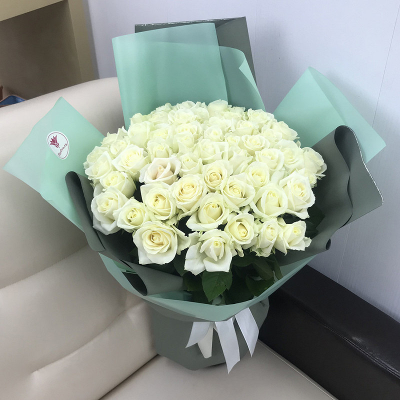 51 white roses in designer packaging, standart