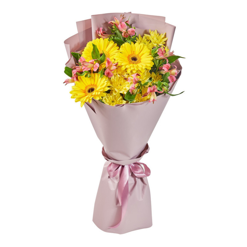 Bouquet with yellow gerberas, chrysanthemums and alstroemerias, standart
