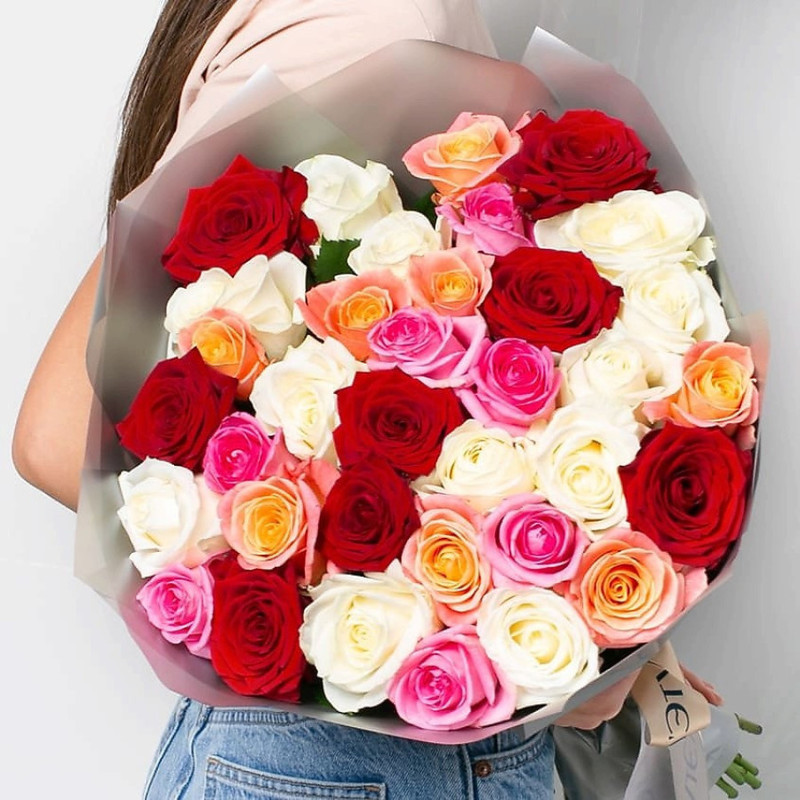 Разноцветные розы 35 шт. (40 см), стандартный