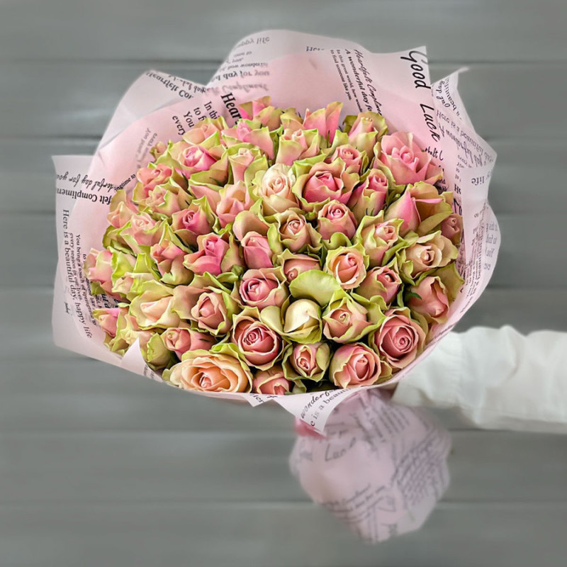 Bouquet of 51 green-pink roses 40 cm in a package, standart