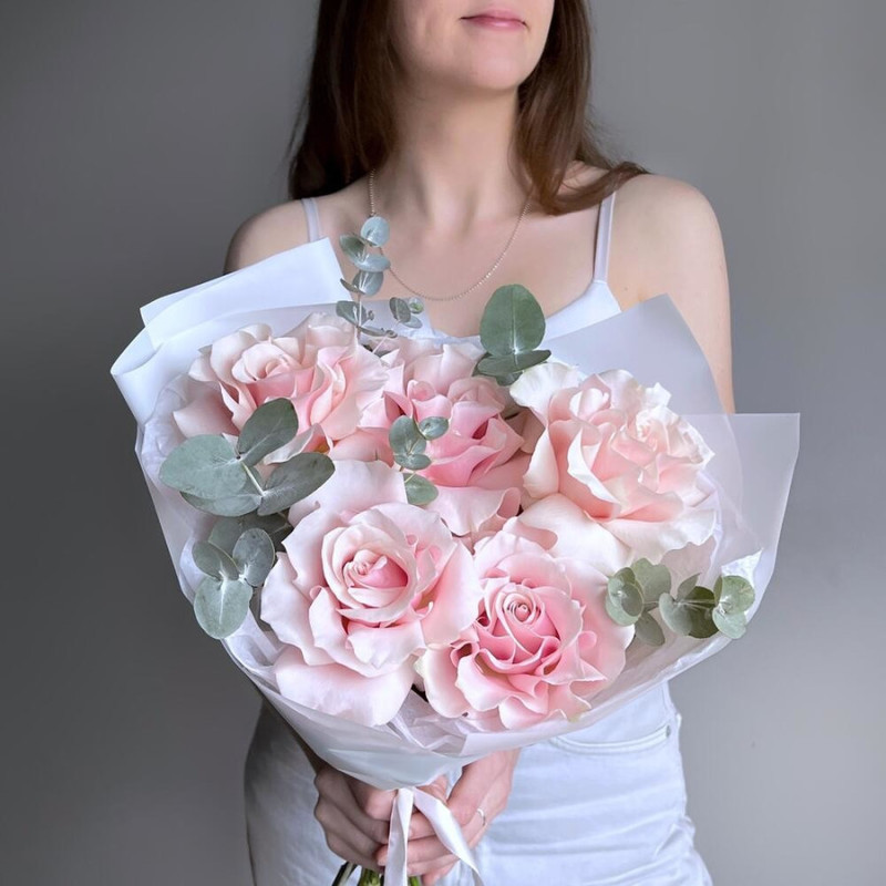 Delicate bouquet of French rose and eucalyptus, standart