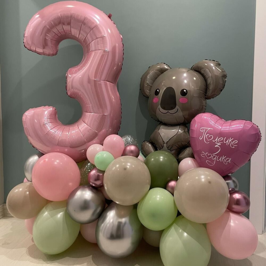 Цифра 7 из воздушных шаров и фольгированный шар Мышь розовая №184