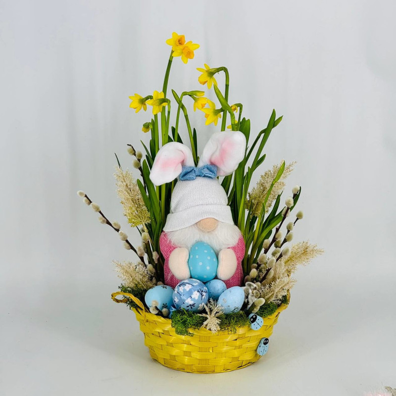 Easter bouquet of willow daffodils and Easter gnome, standart