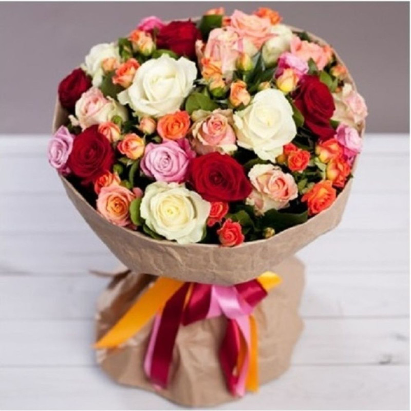 Multicolored bouquet of roses "Bright assorted", standart