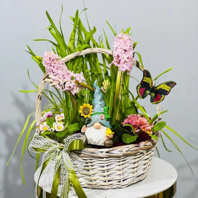Mini garden in a basket with flowers, standart