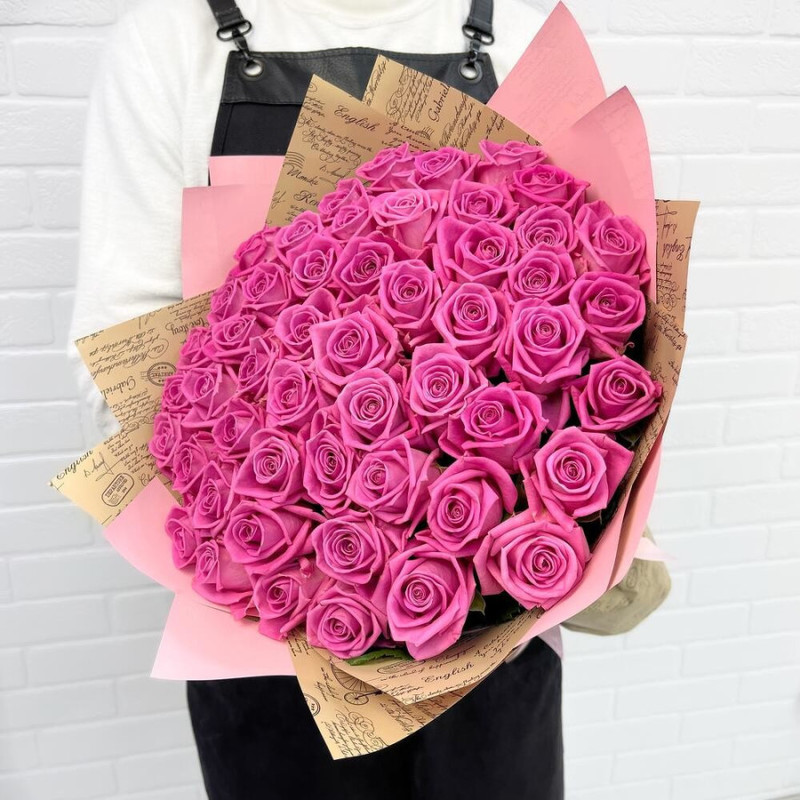 Bouquet of 51 pink roses in designer decoration 50 cm, standart