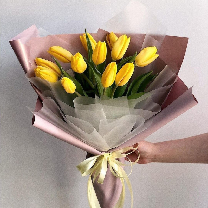 Yellow tulips in a stylish package, standart