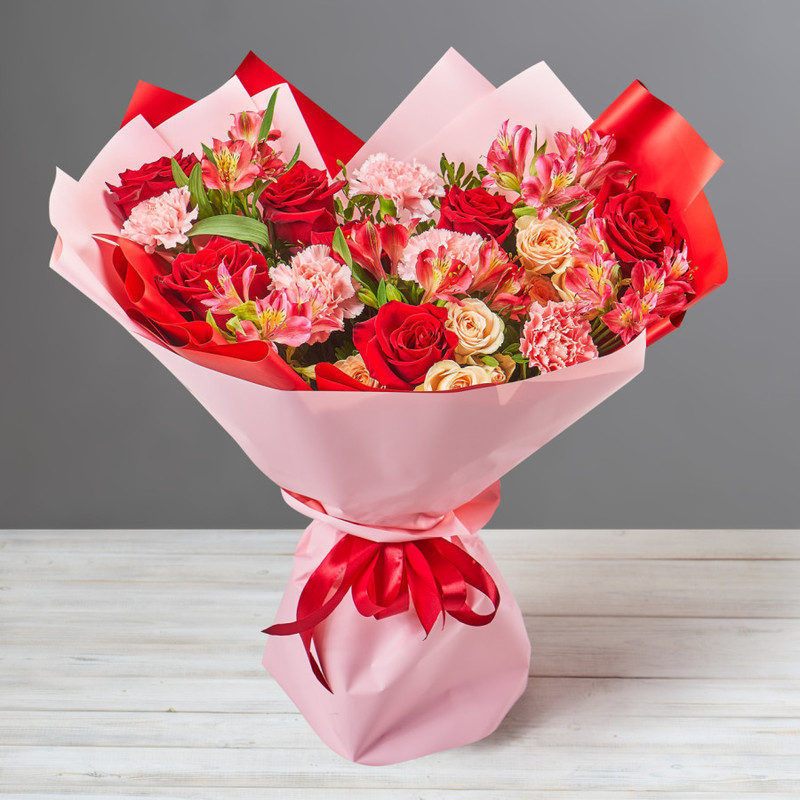 Bouquet of pink dianthus, red roses and alstroemerias, standart