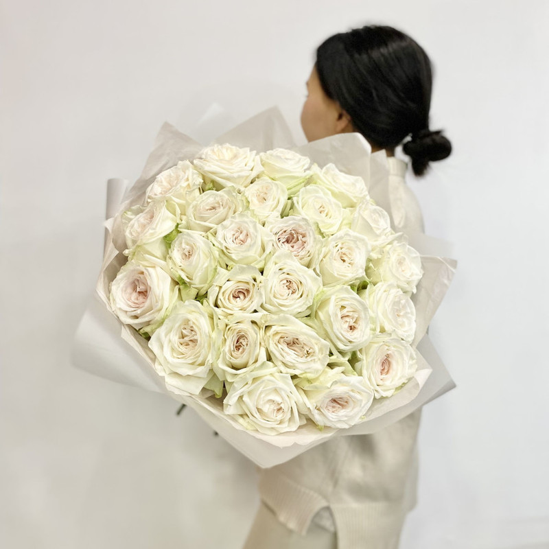 Большой моно букет из 25 ароматных, пионовидных роз White O’hara, стандартный