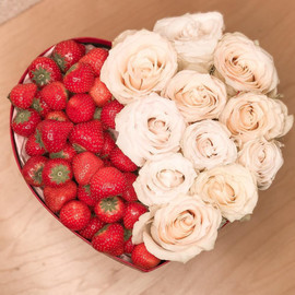 Heart box with strawberries and white roses