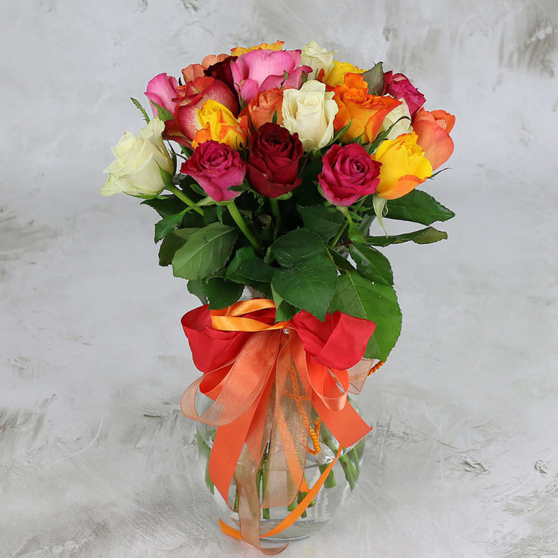 Bouquet of 25 multi-colored roses with 40 cm ribbon, premium