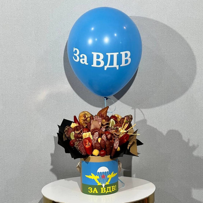 A gift to the military a bouquet of sausages with a ball "For the Airborne Forces", standart
