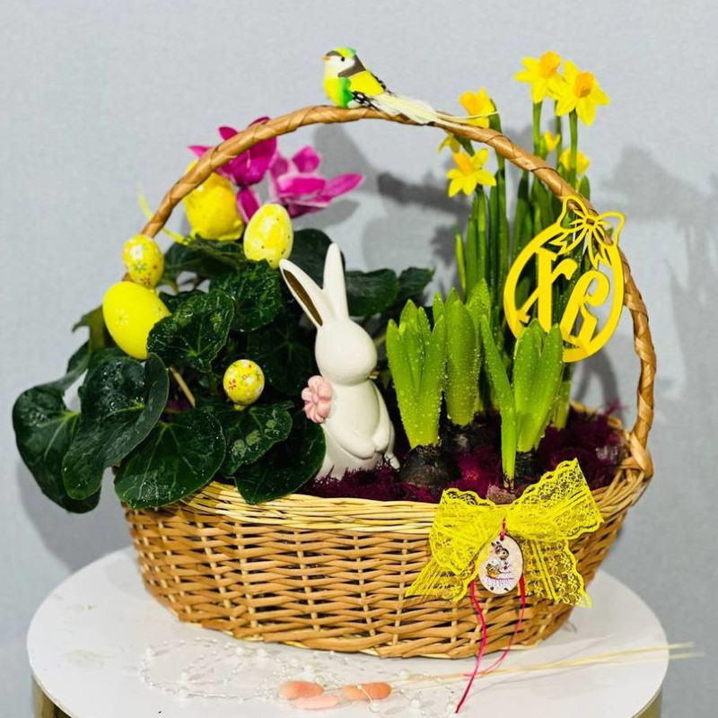 Easter composition with a rabbit and live plants, standart