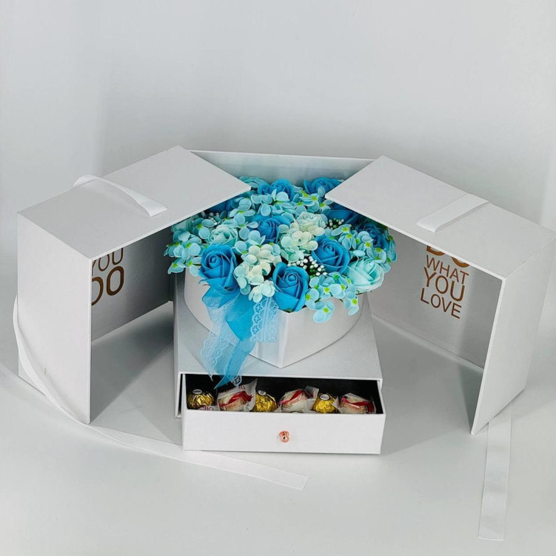 Bouquet of soap flowers in a box with sweets, standart