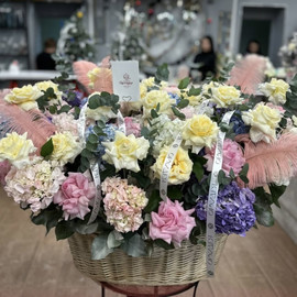 Gorgeous flower arrangement in a huge basket