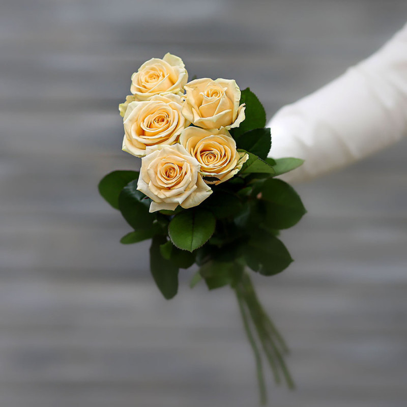 Bouquet of cream roses (Russia) with 60 cm ribbon, mini
