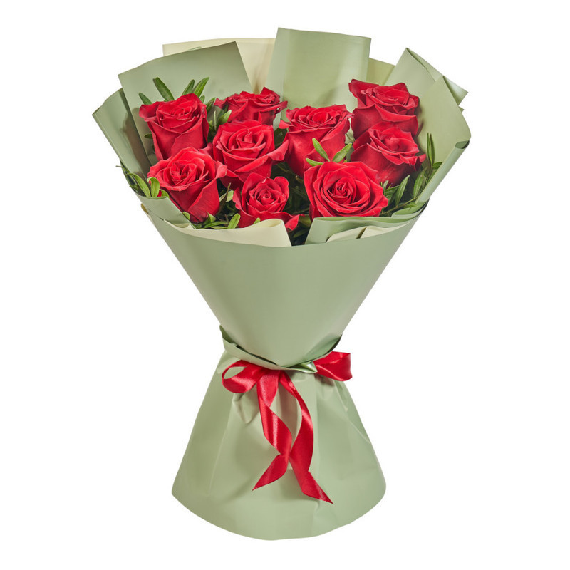 Bouquet of 9 red roses with pistakia, standart