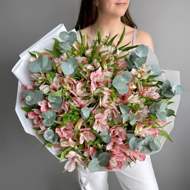 Букет из 25 розовых альстромерий с эвкалиптом в дизайнерском оформлении 55 см