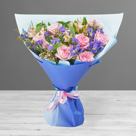 Bouquet of blue irises, pink carnations and alstroemerias