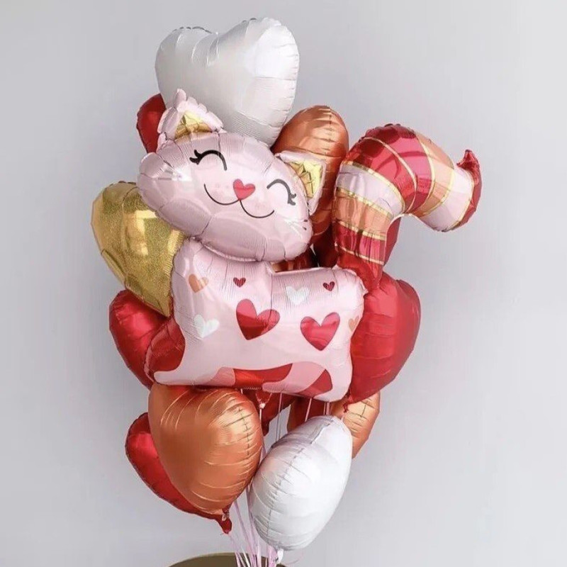 Fountain of balloons made of hearts with a cat, standart
