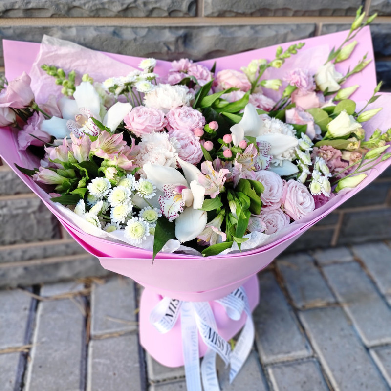 Luxurious designer bouquet with white orchids, standart