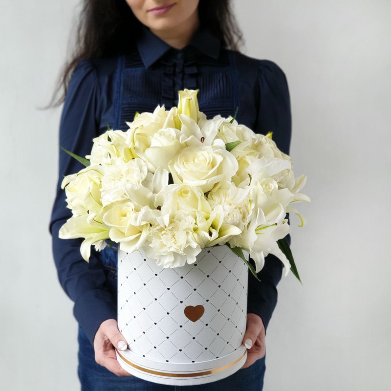Delightful arrangement of white lilies, roses and carnations Reflection of the moon, standart