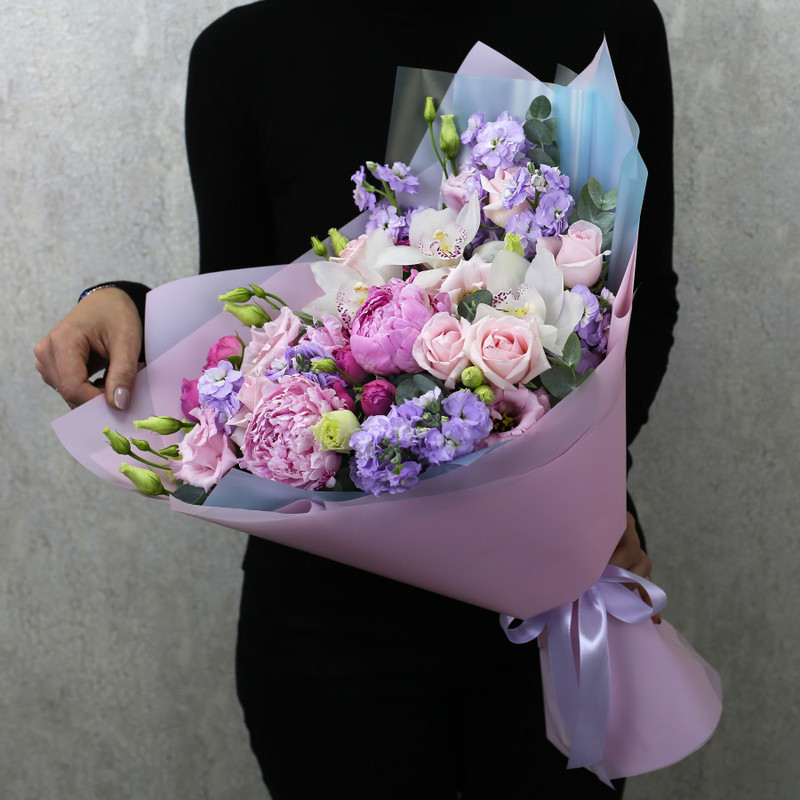 Bouquet of orchids, matthiola, roses, eustoma and peonies "Heavenly Symphony", standart