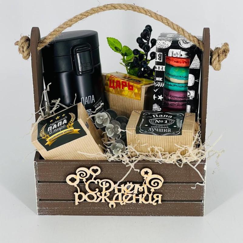 Gift set for dad: a bouquet of tea and coffee in a wooden box, standart